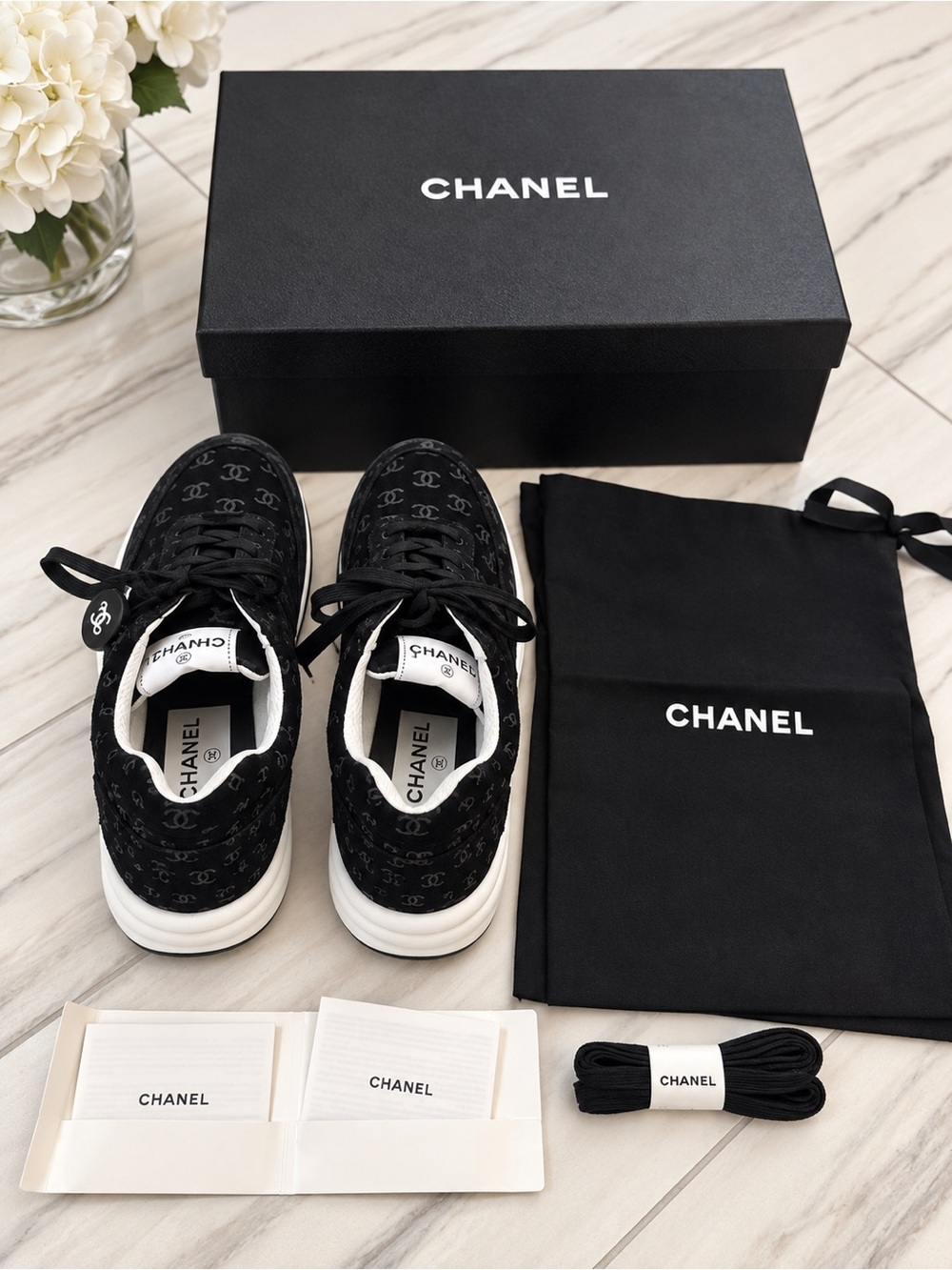 Neiman Marcus Black Chanel Logo-Print Men's Sneakers